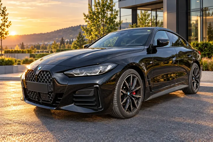 BMW 4er vor einer modernen Fassade, digital bearbeitete Fahrzeugaufnahme