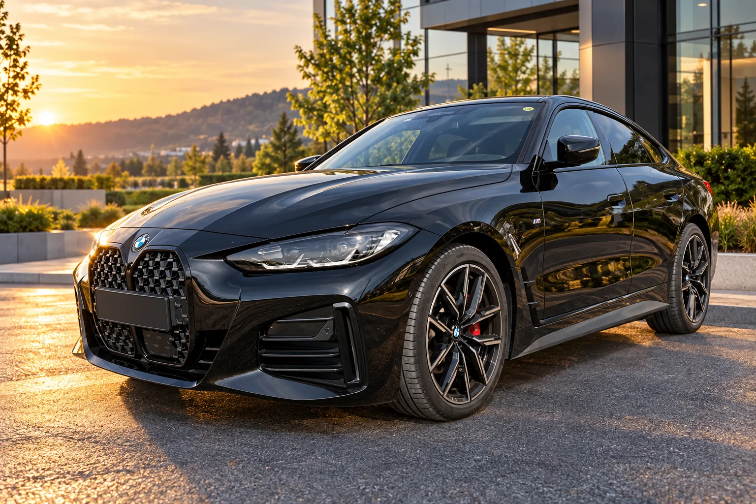 Schwarzer BMW 4er ohne Werbebeschriftung im Morgenlicht