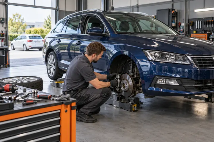 KI-Symbolbild: Fahrzeug während der Reparatur in einer Werkstatt