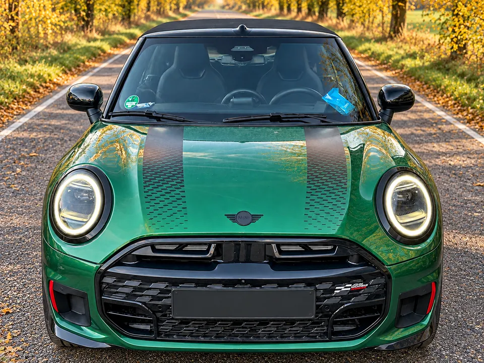 Grüner MINI Cabrio JCW auf einer herbstlichen Landstraße, gerade Frontansicht